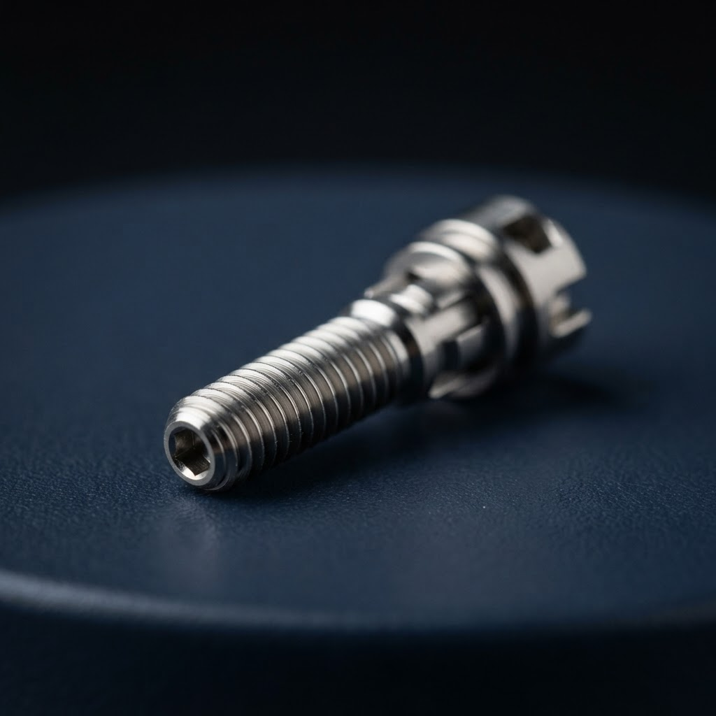 Precision-machined medical device component on a dark surface